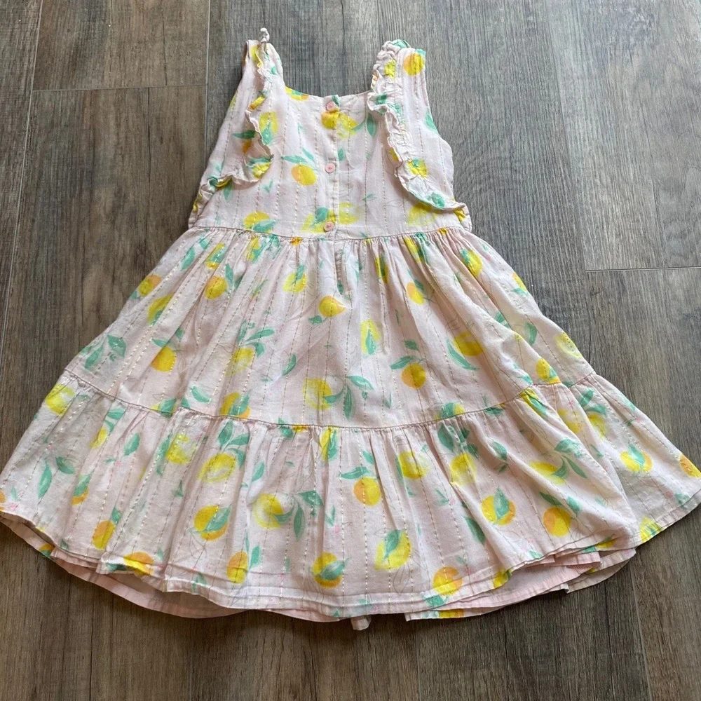 OshKosh Bgosh Girls 5T Pink Lemon Print Tiered Ruffle Dress Gold Metallic Stripe
